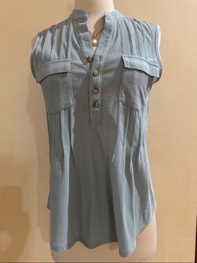 Cocomo Pale Blue Sleeveless Waffle Henley with Pocket Flaps